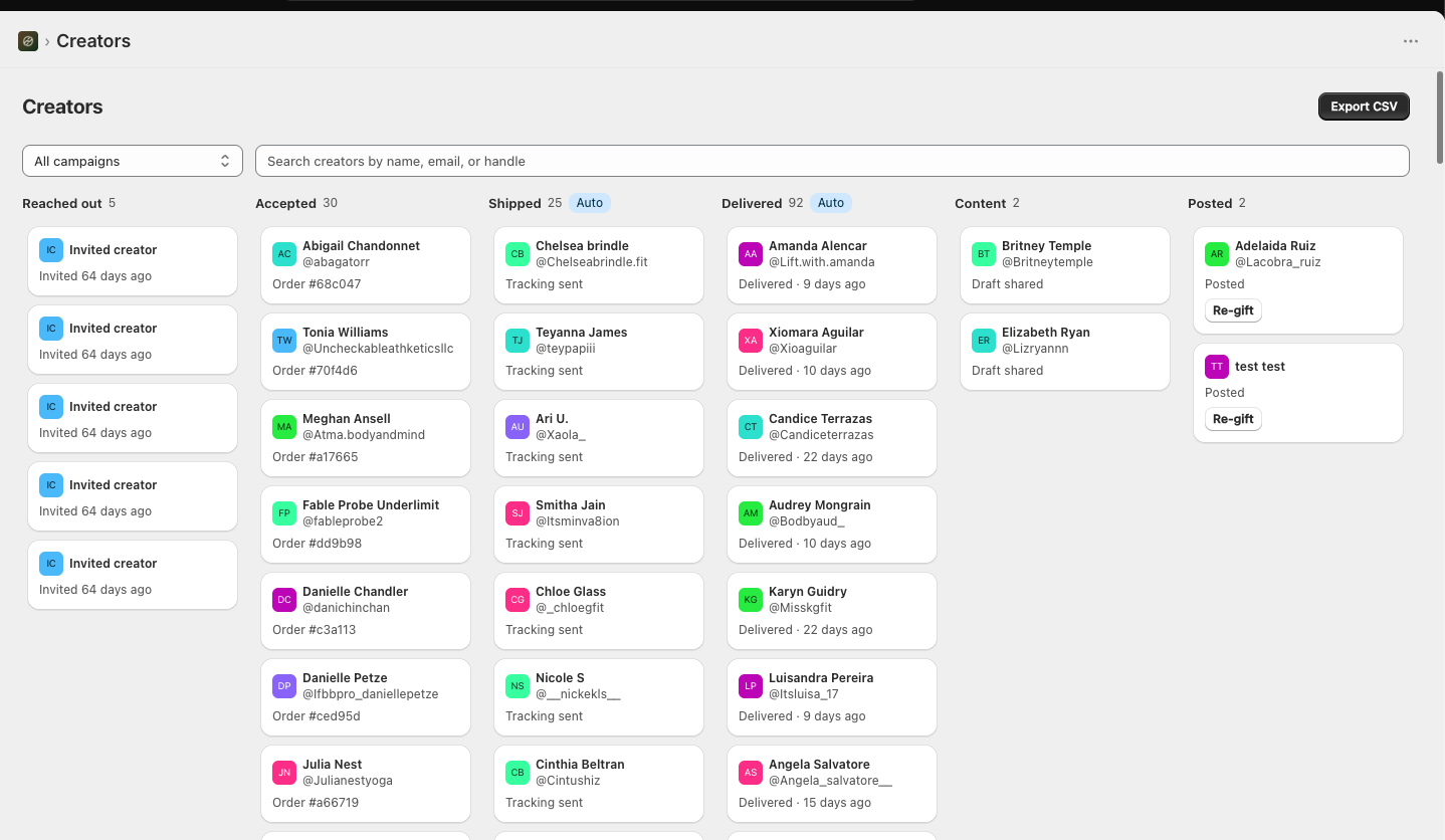 Seed creator board with columns for reached out, accepted, shipped, delivered, content and posted