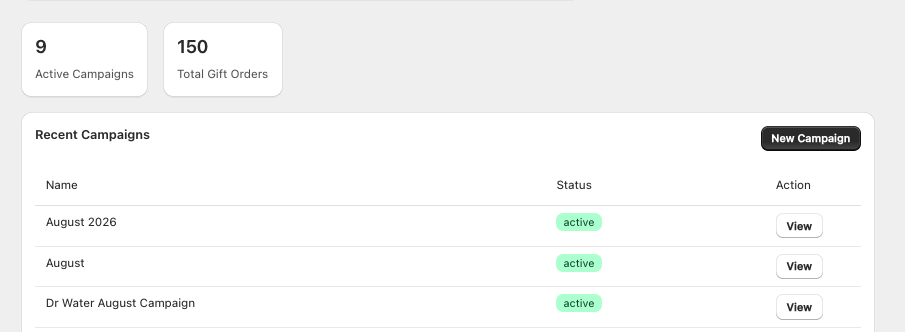 Seed dashboard showing active campaigns and total gift orders