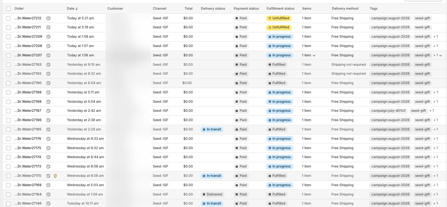 Dr Water Shopify admin showing $0 gift orders tagged campaign:august-2026 and seed-gift