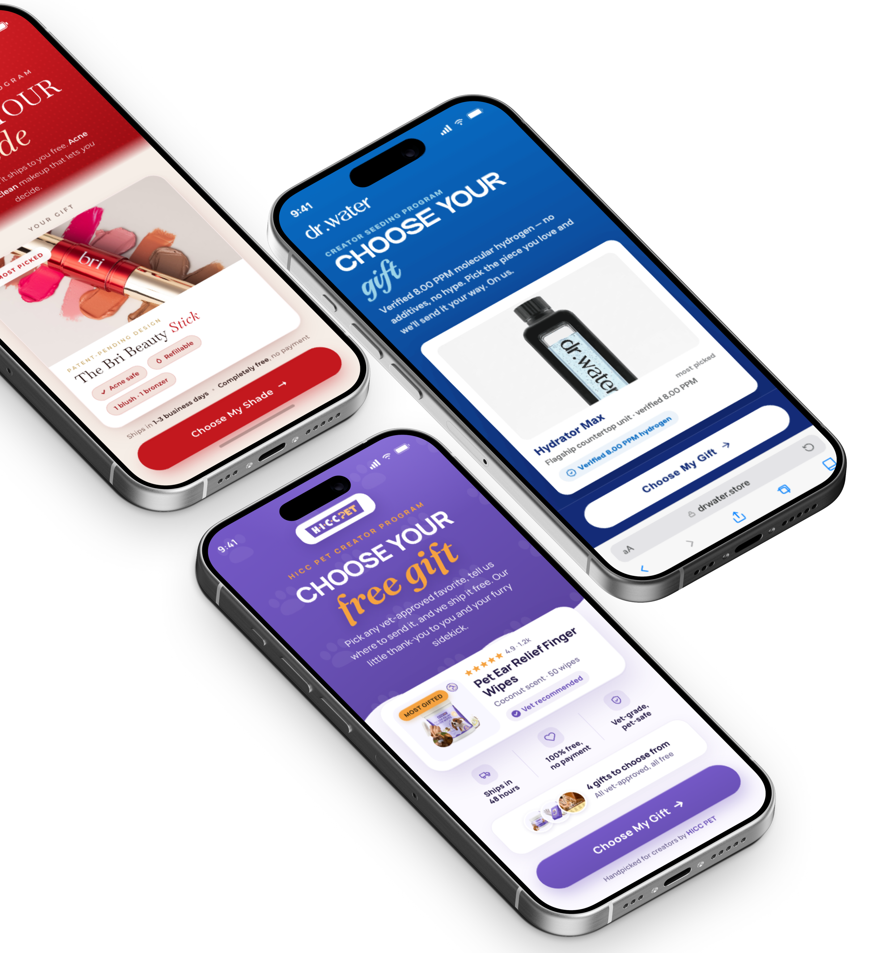 Branded Seed gift forms for Bri Beauty, Dr Water and hiccpet on a phone