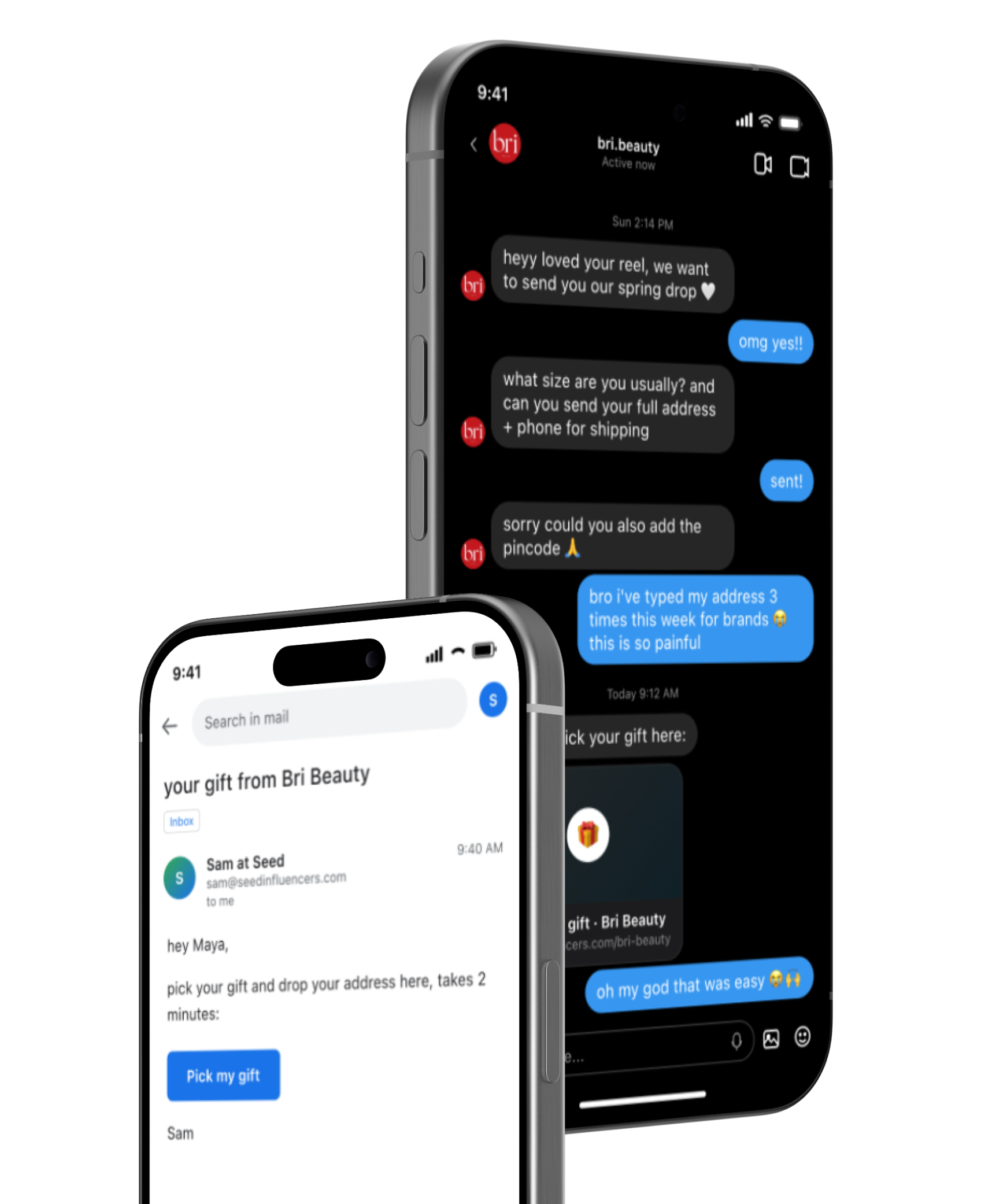 Instagram DM and email back-and-forth asking a creator for their size and address