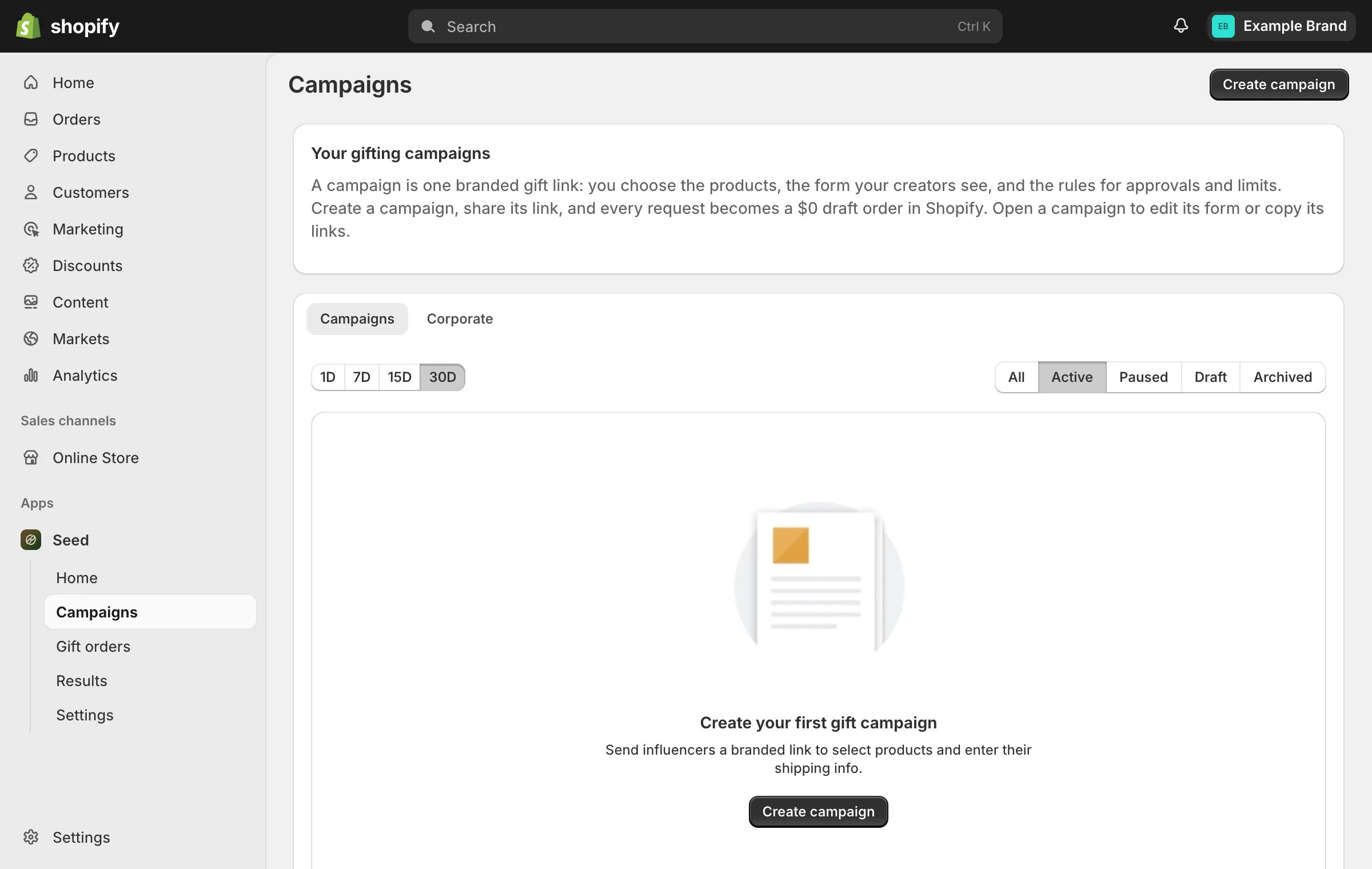 Seed Campaigns page in the Shopify admin with no campaigns yet