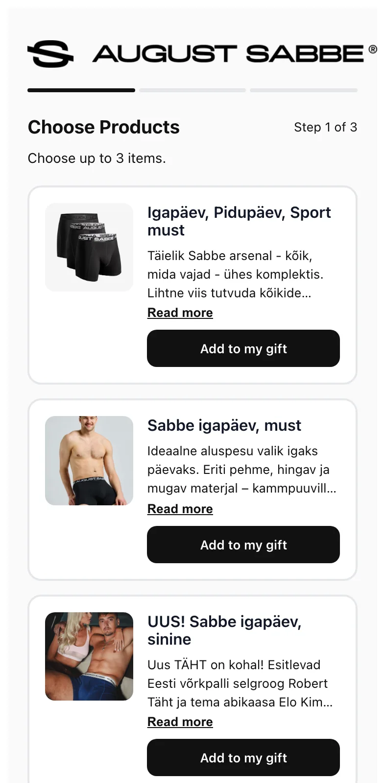 August Sabbe's live gift form: the creator picks up to 3 underwear sets from live stock.