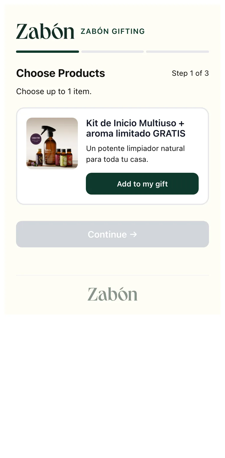 Zabón's live gift form: the creator picks the multi-purpose starter kit.
