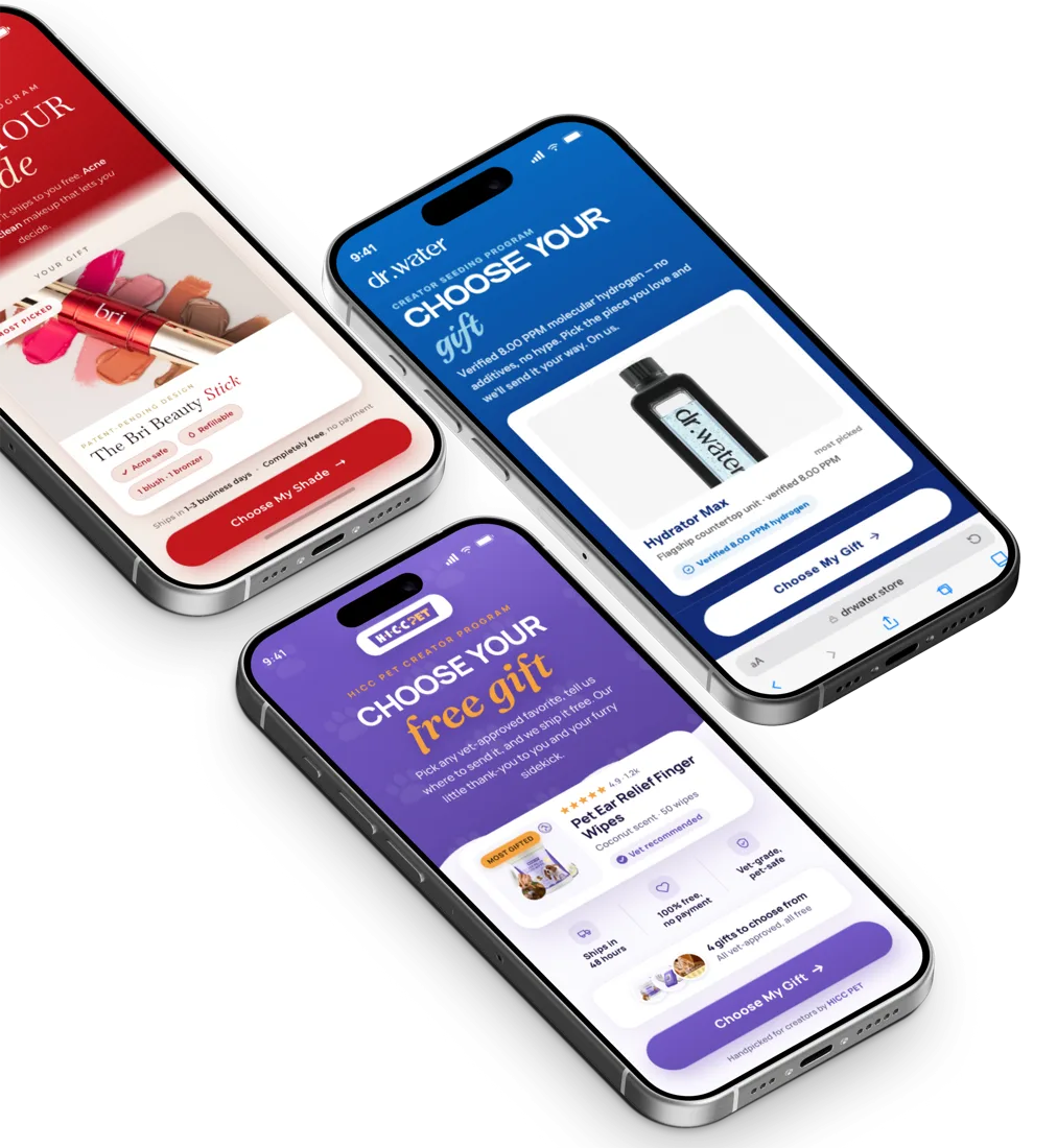 Three live Seed gift forms on phones: Bri Beauty, Dr Water and hiccpet, each asking the creator to choose their free gift.