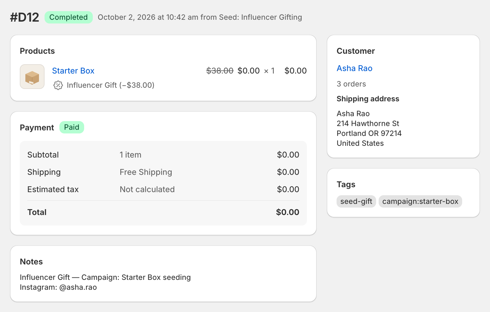 The $0 Shopify draft order Seed creates: one Starter Box, an Influencer Gift discount, free shipping, tagged seed-gift.